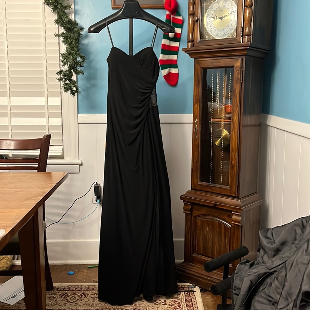 Asymmetric slip dress with mesh/lace/sequin panel alone side/back